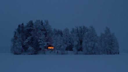 Night sweden houses fog europe islands evergreens wallpaper