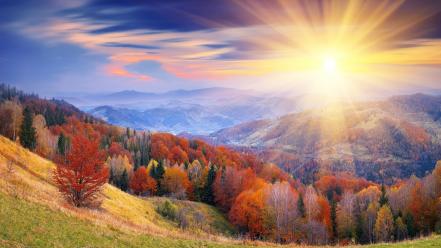 Sunrise mountains forest leaves autumn wallpaper