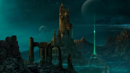 Castles fantasy art artwork beams night sky arches wallpaper