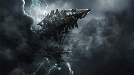 Dark storm ships digital art airship tesla wallpaper