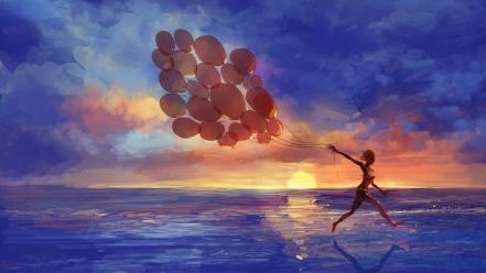 Sunset paintings artwork balloons seascapes wallpaper