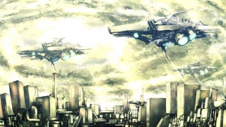 Clouds futuristic airship cities wallpaper