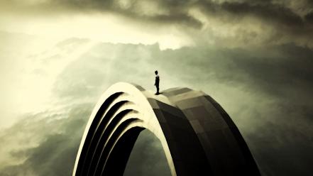 Illuminated arches skies lone man great heights wallpaper