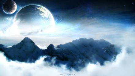 Mountains clouds planets moon skies wallpaper