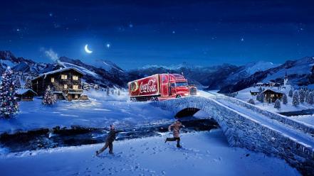 Winter snow stars trucks bridges moonlight coca-cola children wallpaper