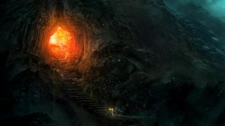 Mountains cave fantasy art wallpaper