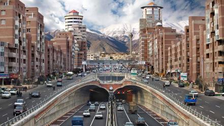 Mountains streets tower cars buildings iran tehran wallpaper