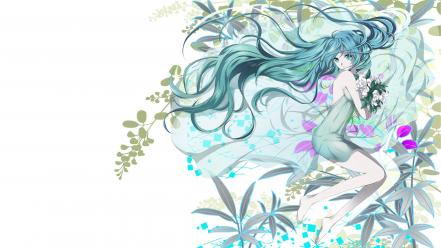 White flowers hatsune miku long hair barefoot wallpaper