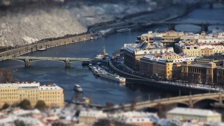 Cityscapes prague tilt-shift rivers winter sports wallpaper