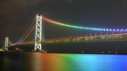 Night bridges buildings rainbows city lights wallpaper