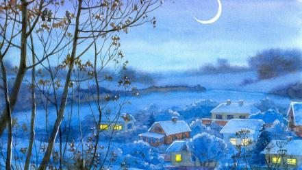 Paintings landscapes snow night moon drawings village wallpaper