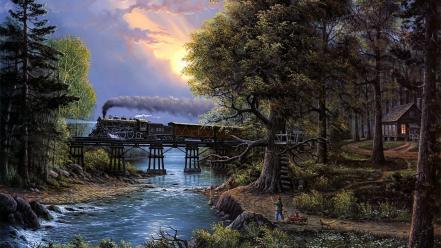 Paintings landscapes trees drawings railroads woda wallpaper