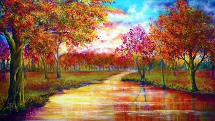 Trees september rivers vibrant colors wallpaper