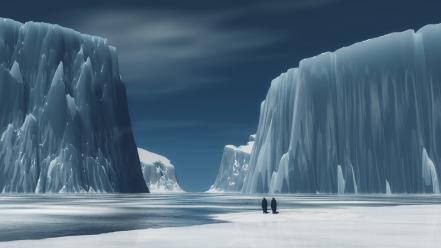 Animals valley penguins glacier digital art wallpaper
