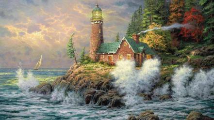 Artwork lighthouses paintings sea trees wallpaper