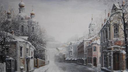 Paintings winter snow trees streets russia houses wallpaper