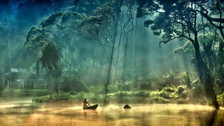 Trees forest boats lakes foggy wallpaper