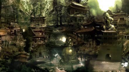 Cityscapes chinese digital art artwork airbrushed cities wallpaper