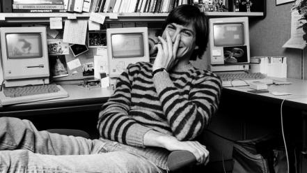 Computers young grayscale smiling steve jobs striped clothing wallpaper