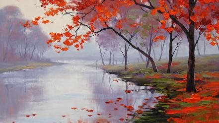 Paintings nature trees autumn (season) leaves artwork rivers wallpaper