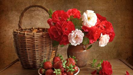 Flowers bowls strawberries baskets vases wallpaper