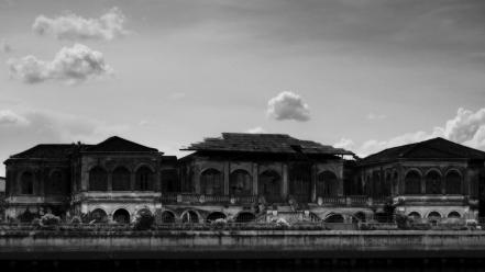 Water architecture grayscale thailand mansion abandoned bangkok wallpaper