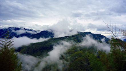 Mountains clouds landscapes nature trees foggy wallpaper