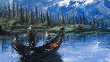 Mountains landscapes fantasy art boats warriors remko troost wallpaper