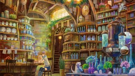 Potion plates arches shelves jars interior spaces wallpaper