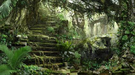 Rocks stairways sculpture digital art mayan liana wallpaper