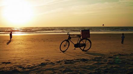 Sunset nature beach bicycles people wallpaper