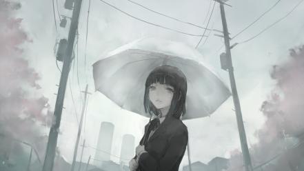 Black eyes short hair monochrome crying umbrellas wallpaper