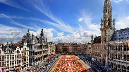 Clouds cityscapes flowers people buildings europe church belgium wallpaper
