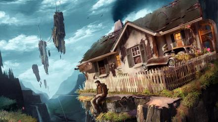 Houses men rocks fantasy art fishing wallpaper