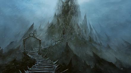 Mountains bridges peaks stairways fantasy art artwork wallpaper