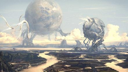 Worlds science fiction desktopography rivers moons birds wallpaper