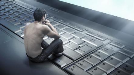 Abstract computers keyboards men thinking sitting wallpaper