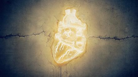 Biohazard grunge glowing hearts cracks symbols neon wallpaper