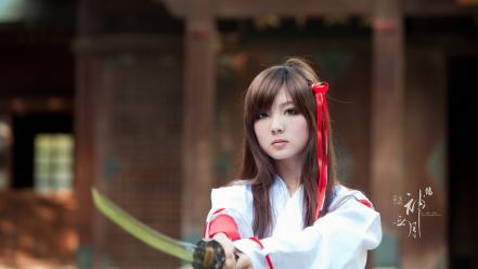 Japanese brown eyes girls with swords bangs wallpaper