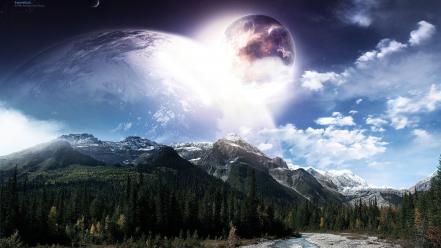 Mountains clouds landscapes forest planets moon surreal skies wallpaper