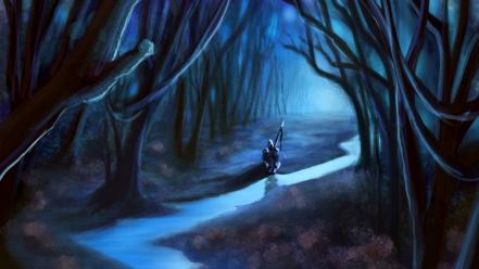 Trees forest moonlight streams artwork sitting hooded wallpaper