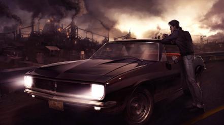 Cigarettes apocalyptic cities burning leaning muscle car wallpaper
