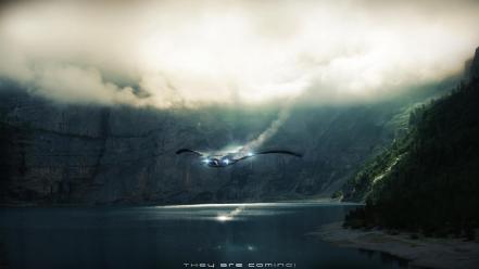 Fantasy art spaceships ufo lakes aliens photoshop wallpaper