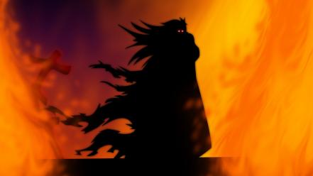 Flames dark fire silhouette shadows red eyes wallpaper