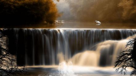Nature autumn (season) waterfalls background birds wallpaper