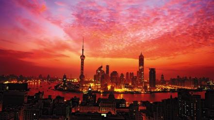 Sunset cityscapes china skyscrapers shanghai evening cities wallpaper