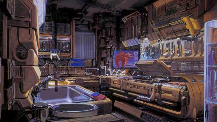 Futuristic kitchen artwork syd mead wallpaper