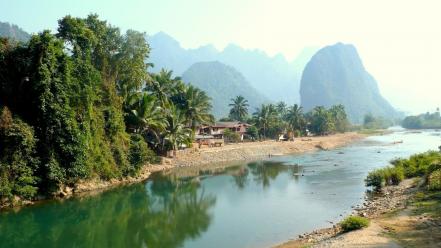 Landscapes nature asia palm trees huts laos tropics wallpaper