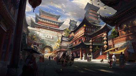 Art artwork asian architecture cities skies birds wallpaper