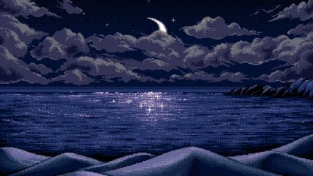 Clouds night moon pixel art lakes wallpaper
